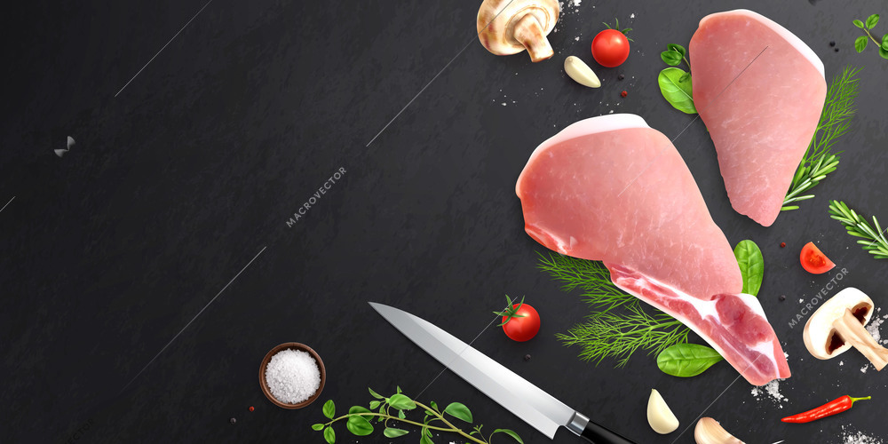 Meat realistic composition with top view of black table surface with fresh herbs tomatoes and knife vector illustration