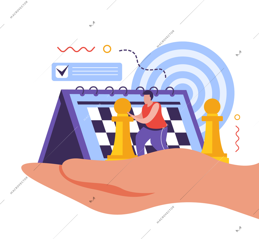 Business strategy flat concept with chess game steps and board symbols vector illustration