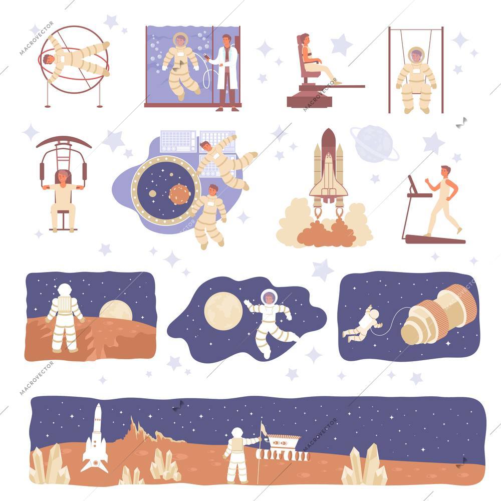 Astronaut set with flat icons of spacecraft characters of astronaut in space suit with stars planets vector illustration