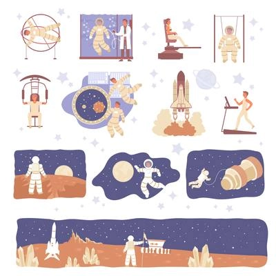 Astronaut set with flat icons of spacecraft characters of astronaut in space suit with stars planets vector illustration