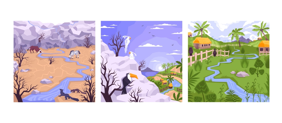Landscapes set with three square compositions flat images of village houses mountains and drylands with animals vector illustration