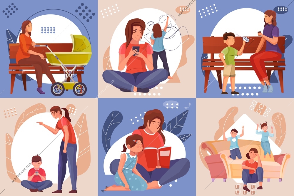 Motherhood design concept set of six  colored illustrations with moms spending time together with their little children flat vector illustration