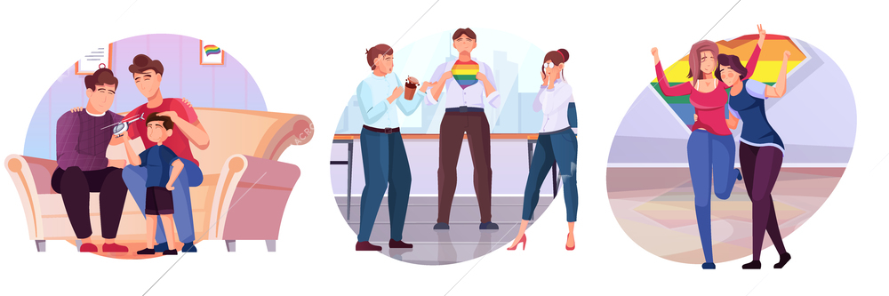 Lgbt flat compositions set of people characters with rainbow symbols isolated vector illustration