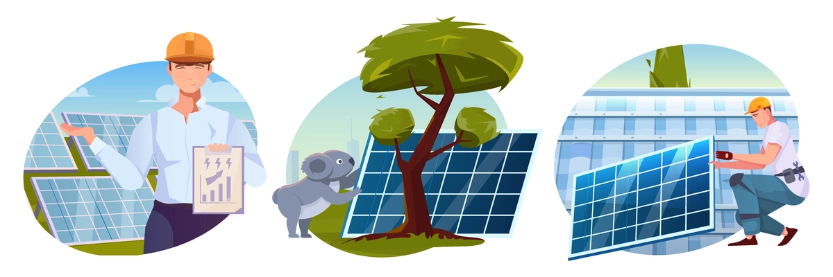 Eco friendly solution flat compositions with solar farm and employee and worker mounting solar energy equipment isolated vector illustration