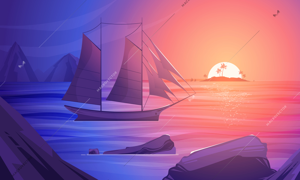 Sunset on south sea colorful cartoon composition with sailing boat near rocky shores vector illustration