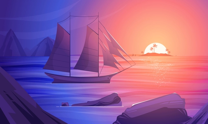 Sunset on south sea colorful cartoon composition with sailing boat near rocky shores vector illustration