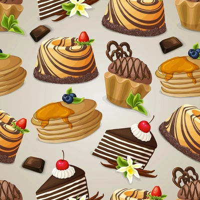 Decorative sweets dessert food seamless pattern with chocolate muffin pudding pancakes vector illustration