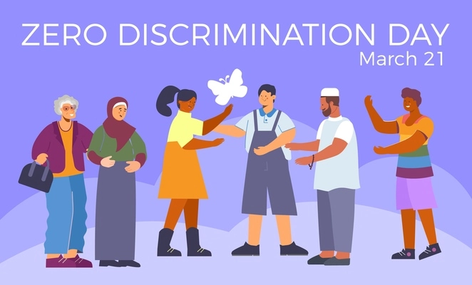 Zero discrimination day card with doodle human characters of different color religion and race with text vector illustration