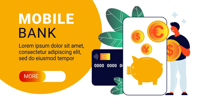 Mobile bank horizontal banner with editable text button and images of smartphone credit card and coins vector illustration