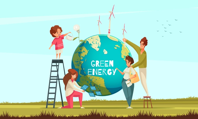 Green ecological energy flat symbolic composition with family placing wind turbines solar panels on globe vector illustration