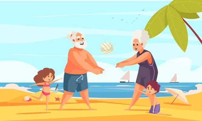 Old people physical activity flat composition with grandparents playing beach volleyball on sand with grandchildren vector illustration