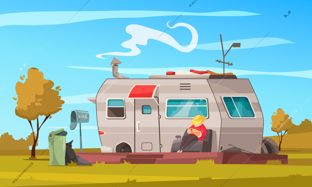 Recreational vehicle trailer summer vacation cartoon composition with man enjoying nature sitting outside mobile home vector illustration