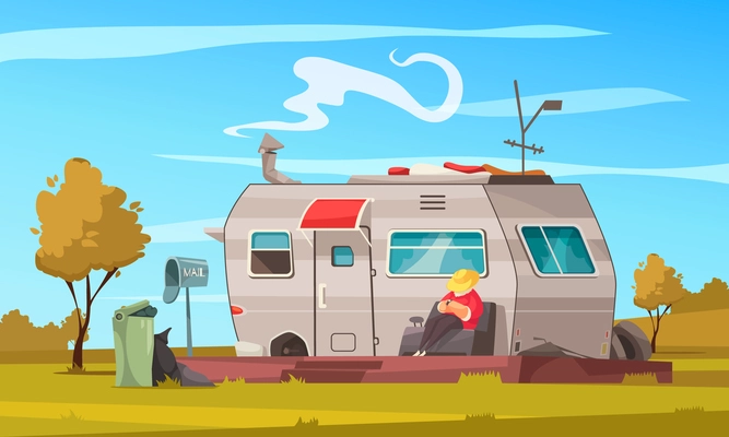 Recreational vehicle trailer summer vacation cartoon composition with man enjoying nature sitting outside mobile home vector illustration