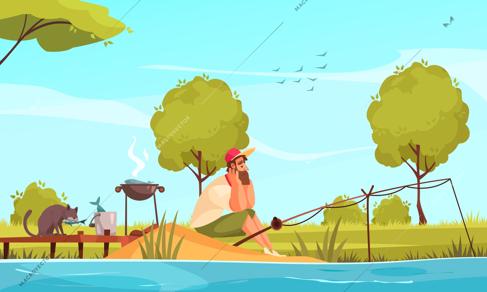 Man fishing on river bank funny cartoon composition with cat stealing fish from fisherman bucket vector illustration