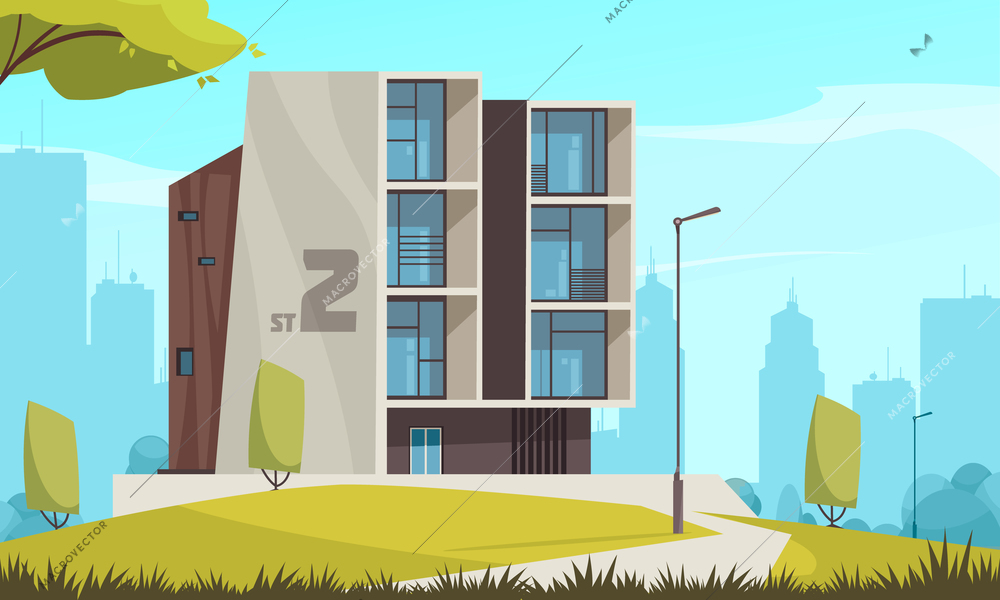 Modern urban housing architecture cityscape background cartoon composition with free standing detached residential apartment building vector illustration
