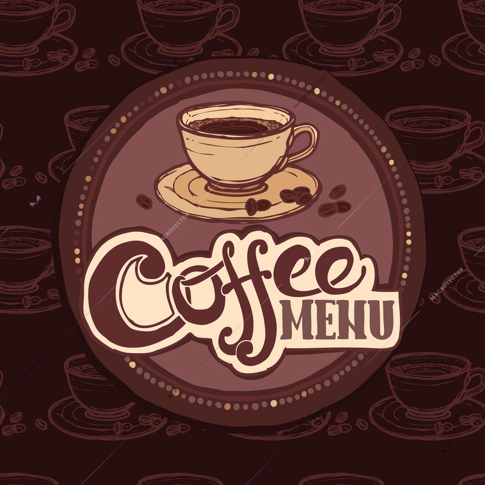Restaurant cafe sketch menu template with coffee cup and beans vector illustration.