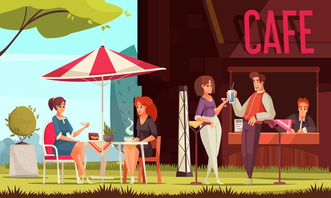 Restaurant patio outdoor area street cafe service counter visitors chatting enjoying drinks outdoor on lawn vector illustration