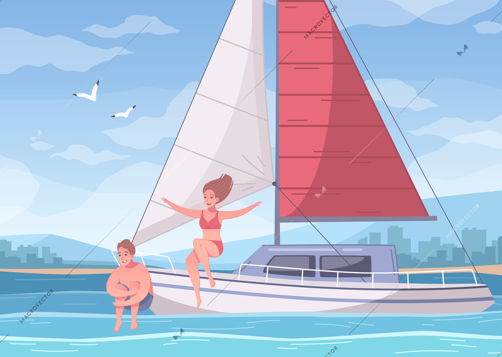 Yachting cartoon composition with sea landscape and couple of lovers on yacht with cityscape on background vector illustration