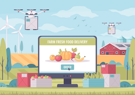 Smart farming cartoon composition with outdoor landscape and computer with fresh food delivery service on screen vector illustration