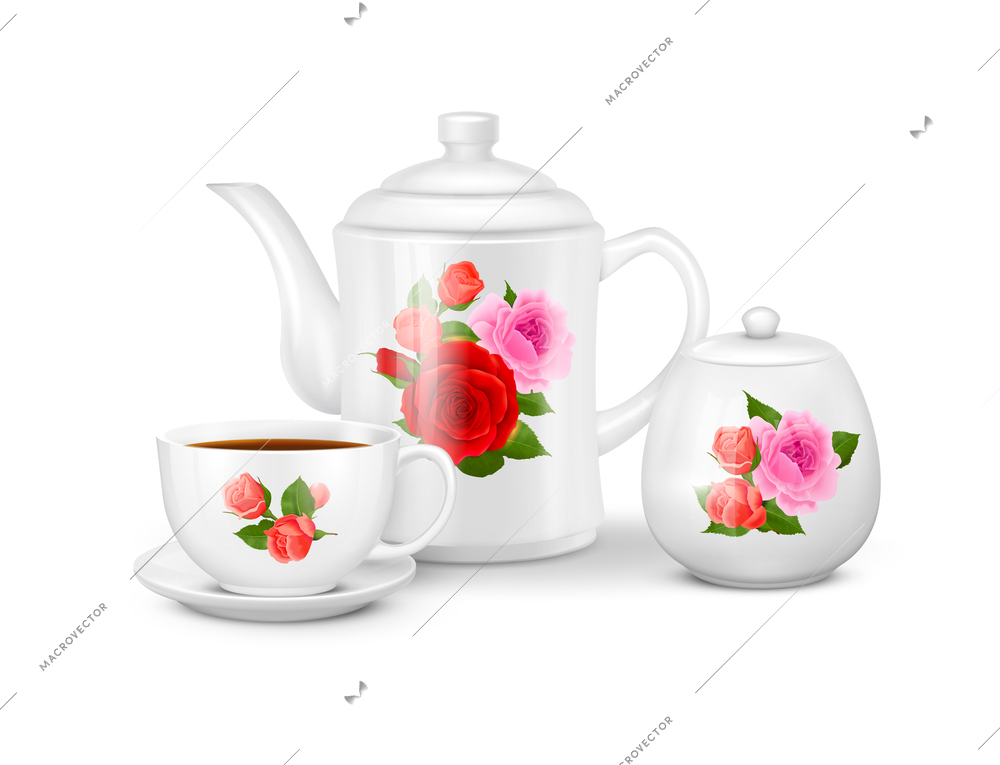 Realistic porcelain tea or coffee set with white cup saucer teapot and sugar bowl with floral ornament vector illustration