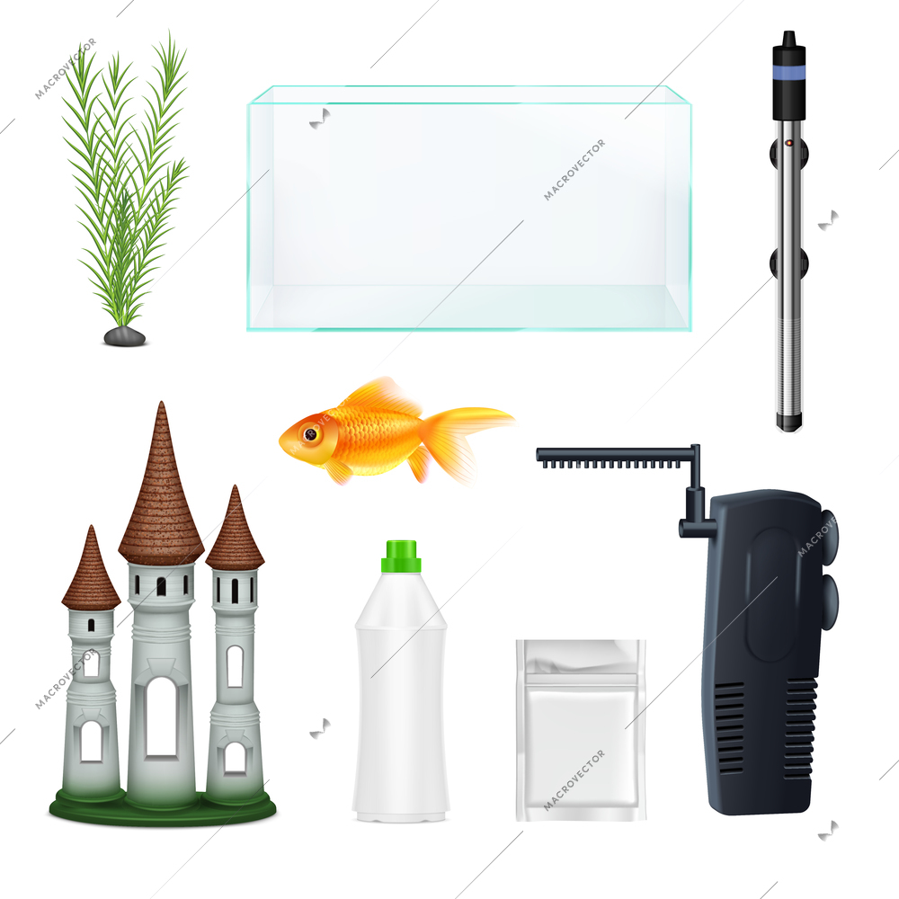 Realistic set with empty aquarium goldfish plant bottle decoration and equipment isolated on white background vector illustration