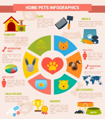 Home pets infographic set with pie chart and meal accessories awards healthcare comfort care elements vector illustration