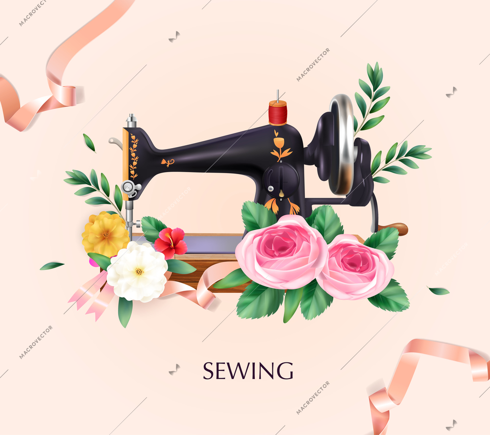 Sewing machine and tailoring background with flowers thread and ribbon realistic vector illustration