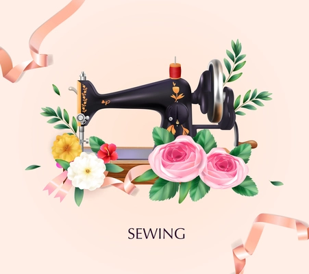 Sewing machine and tailoring background with flowers thread and ribbon realistic vector illustration