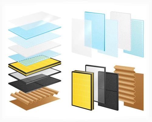 Layered materials realistic set with isolated images of material rows with views of single layers stacks vector illustration