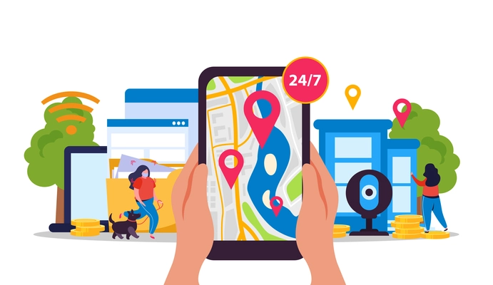 City video monitoring flat composition with wireless and location signs map on smartphone and human characters vector illustration