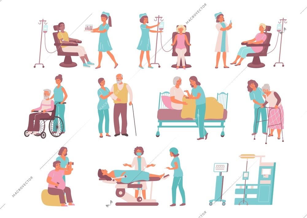 Nurse flat icon set with care for the sick and elderly help with medical procedures vector illustration