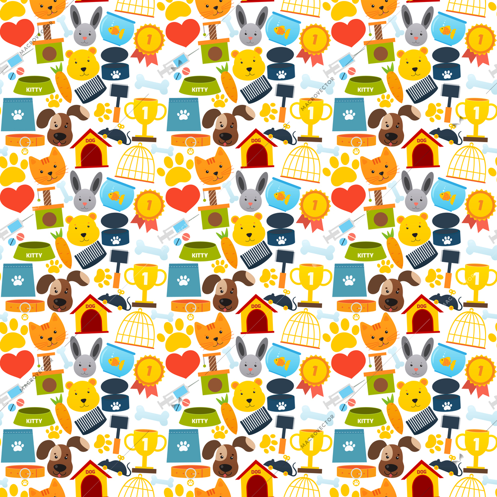 Pets seamless pattern with animal accessories and care elements vector illustration