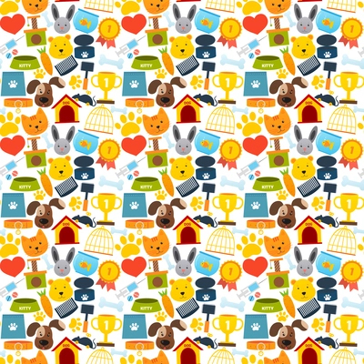 Pets seamless pattern with animal accessories and care elements vector illustration