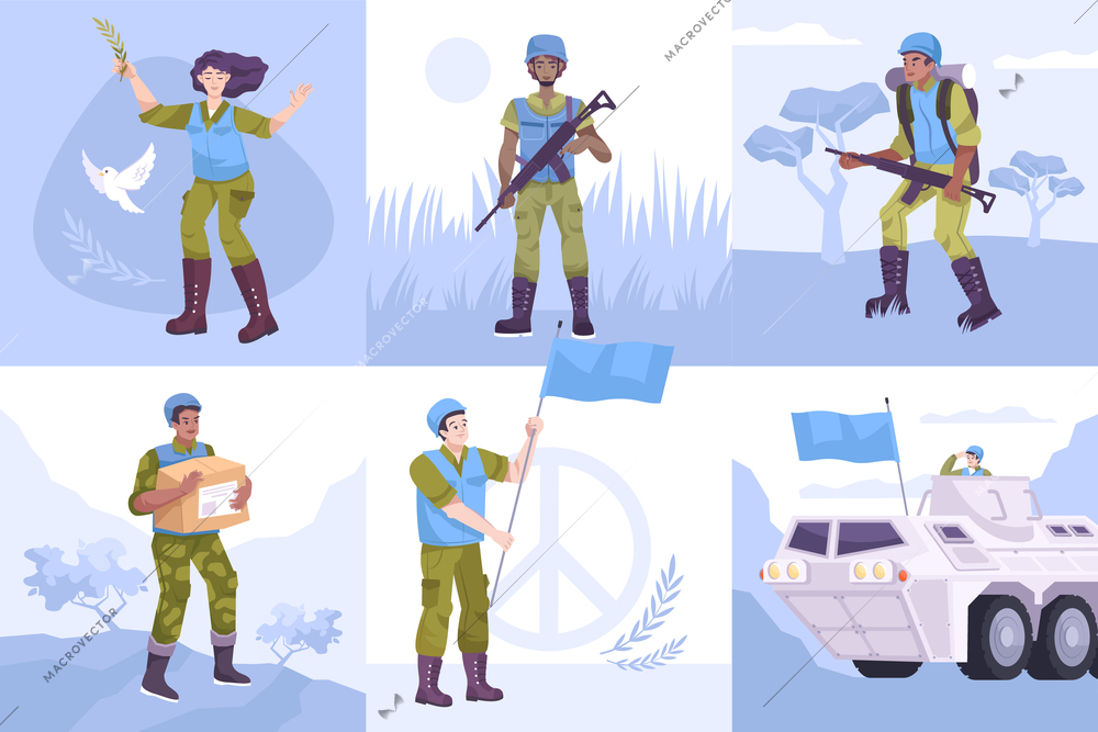 Flat peacekeepers composition icon set military people with a blue flag with weapons to protect civilians with food and in cars