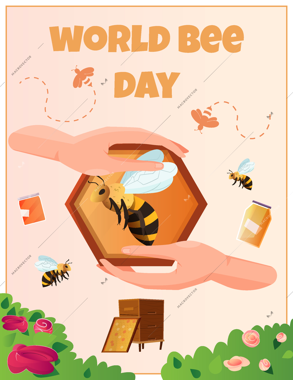 World bee day card with bees flying over green meadow hive and honeycomb vector illustration
