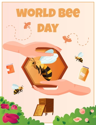 World bee day card with bees flying over green meadow hive and honeycomb vector illustration