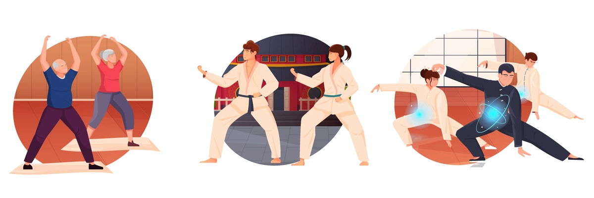 Time for sport flat icons set of old and young people executing qigong exercises or training in martial arts isolated vector illustration