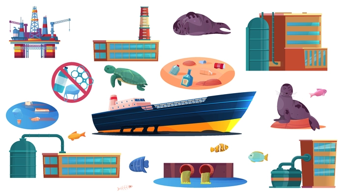 Ocean pollution flat set of industrial objects polluting water surface waste products and sea inhabitants isolated vector illustration