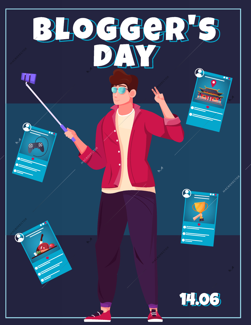 Bloggers day flat card with young guy leading online report using smartphone and selfie stick vector illustration