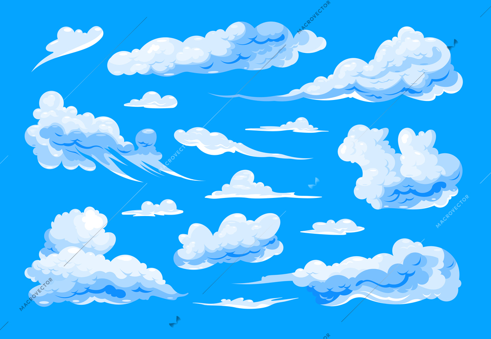 Set of different shapes cirrus and cumulus isolated cartoon clouds on blue background flat vector illustration