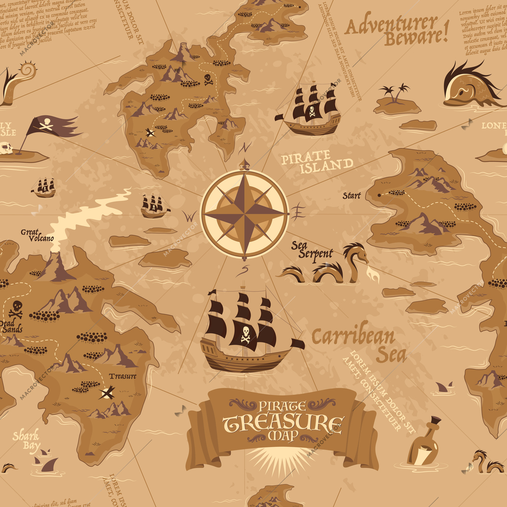 Vintage seamless pattern showing   map for treasure search with pirate sailboats and islands in carribean sea vector illustration