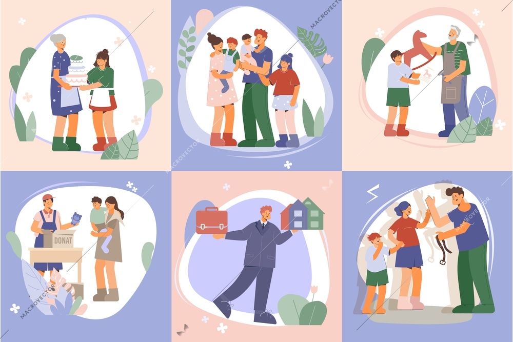 Family composition design concept with set of square compositions with family members characters in various situations vector illustration