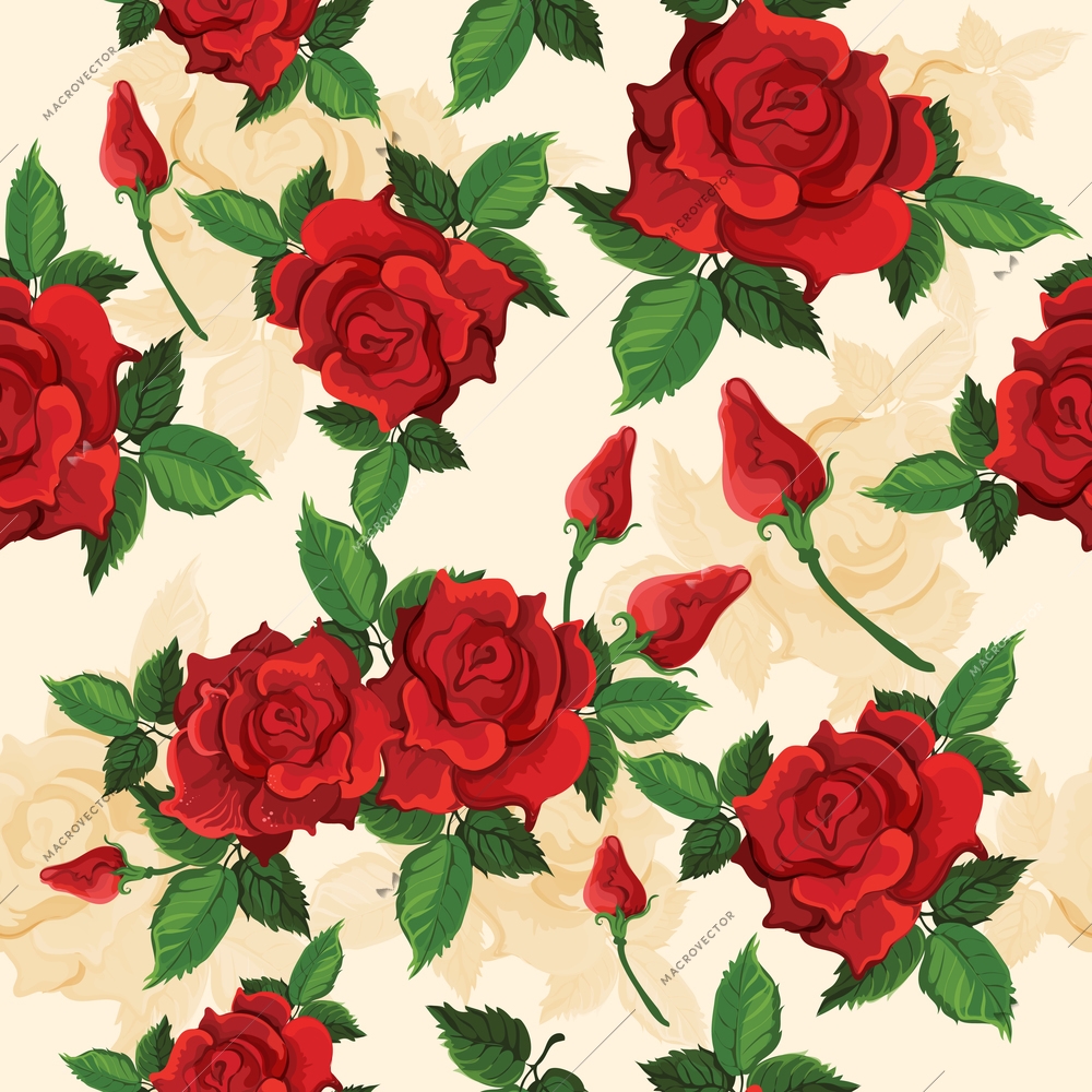 Bright red voluptuous fully opened roses retro seamless pattern for gift and presents wrapping paper vector illustration