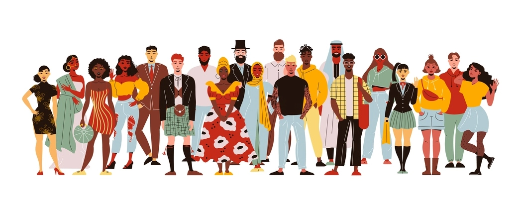 Nationality people crowd composition with human characters of people of colour standing all together in crowd vector illustration