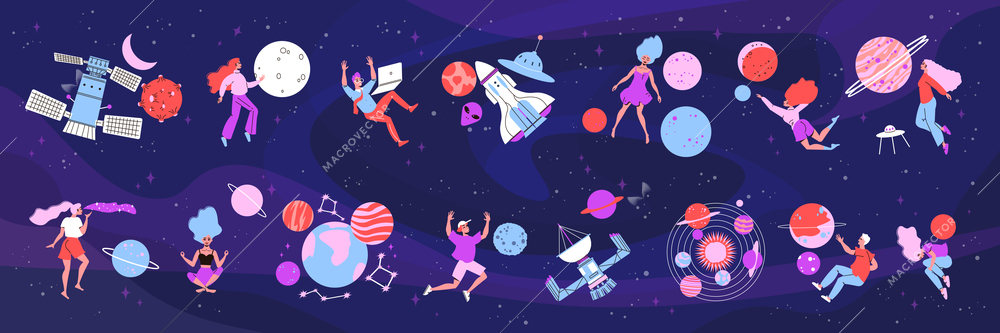 Space color set of isolated compositions with doodle human characters of young people with stars planets vector illustration