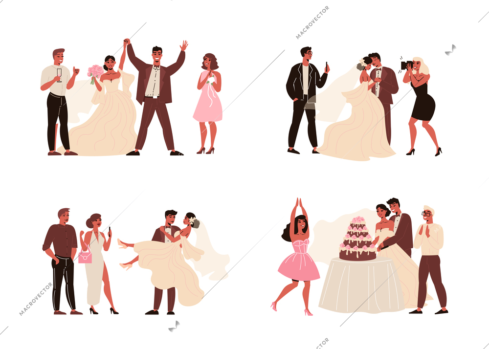 Couple wedding ceremonies set of isolated compositions with bride groom and their guests with cakes gifts vector illustration