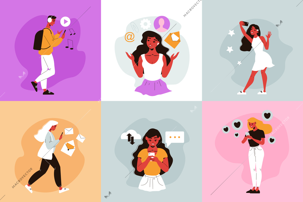 Social network design concept with square compositions of doodle human characters using online messaging on smartphones vector illustration