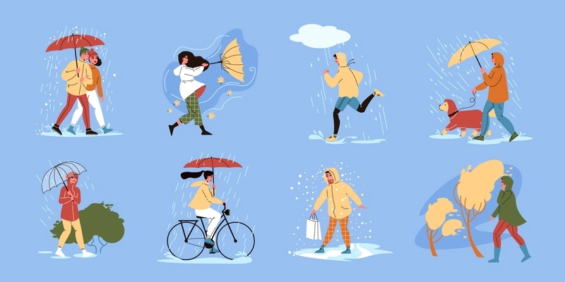 Set of isolated people walking umbrella color compositions with people under rain showers wearing warm clothes vector illustration