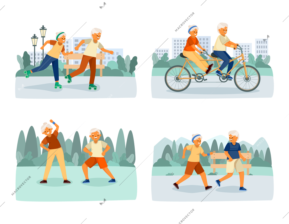 Elderly people happy life isolated cartoon icon set with sports activities such as rollerblading biking exercising and running vector illustration