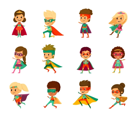 Kids superheroes cartoon icon set little boys and girls in different costumes with cloaks masks and other accessories vector illustration